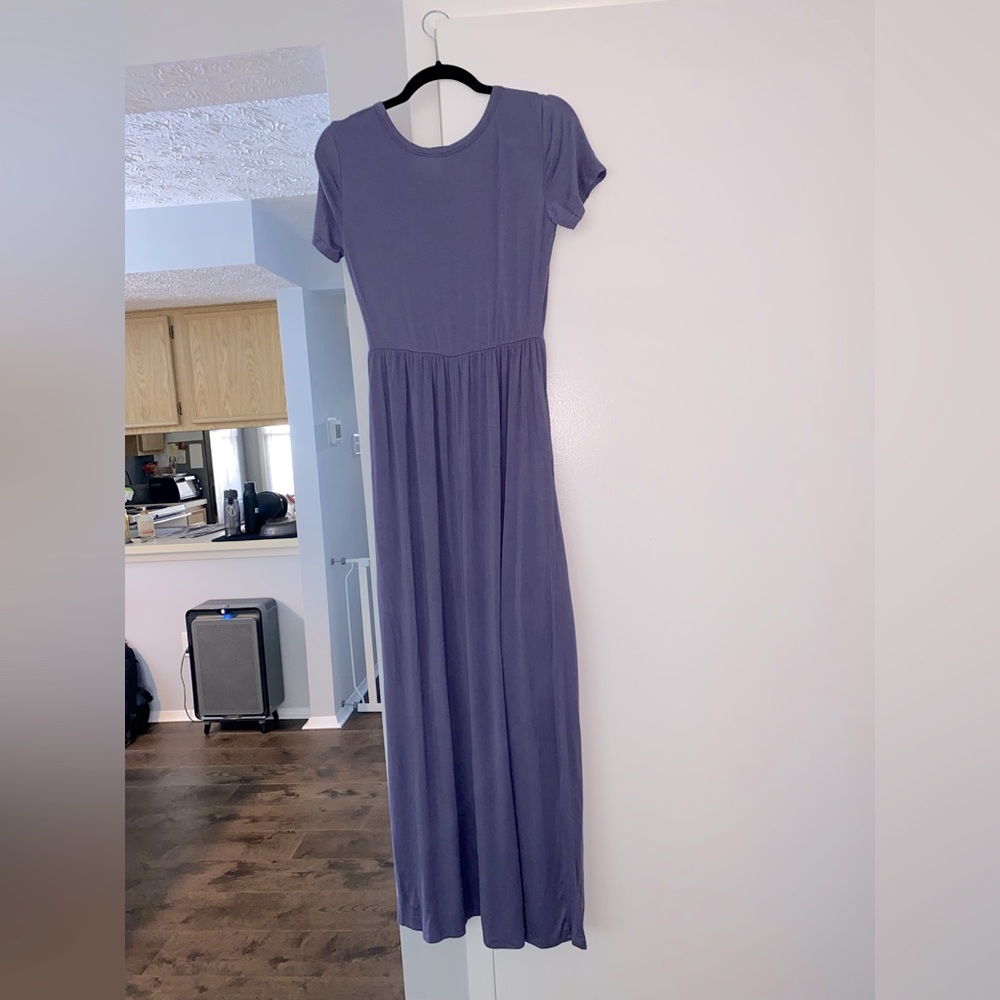 AUSELILY Short Sleeve Casual Maxi Dress with Pockets - Grey Purple - S